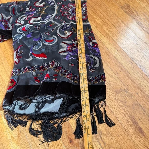 Vtg J.B.S. Silk Burnout Velvet Kimono Beaded Fringe Boho Whimsigoth - Picture 8 of 8